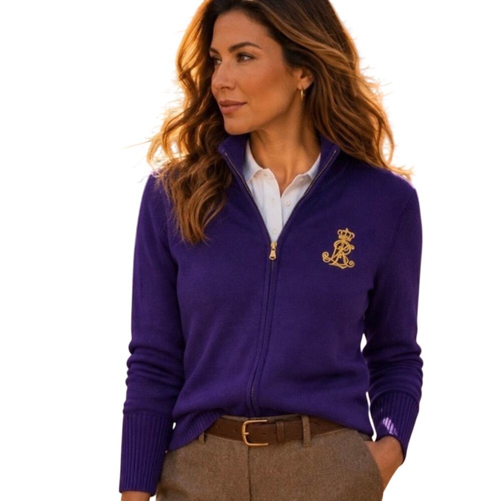 Lauren Ralph Lauren Purple Full Zip Embroidered Logo Cotton Sweater L